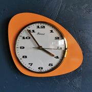 Vintage formica clock asymmetrical silent wall clock "Mervex orange"