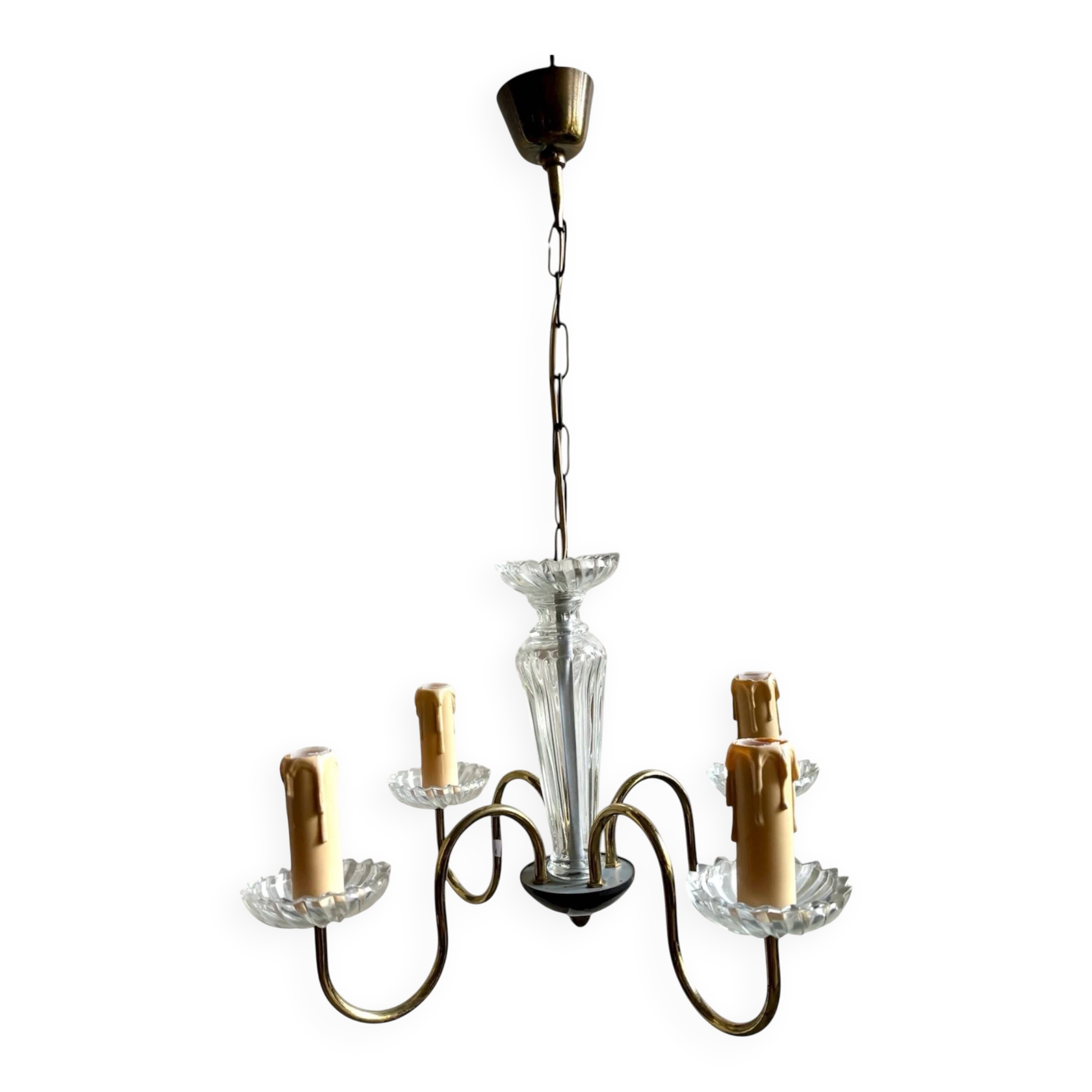 4-light chandelier in glass and gold metal