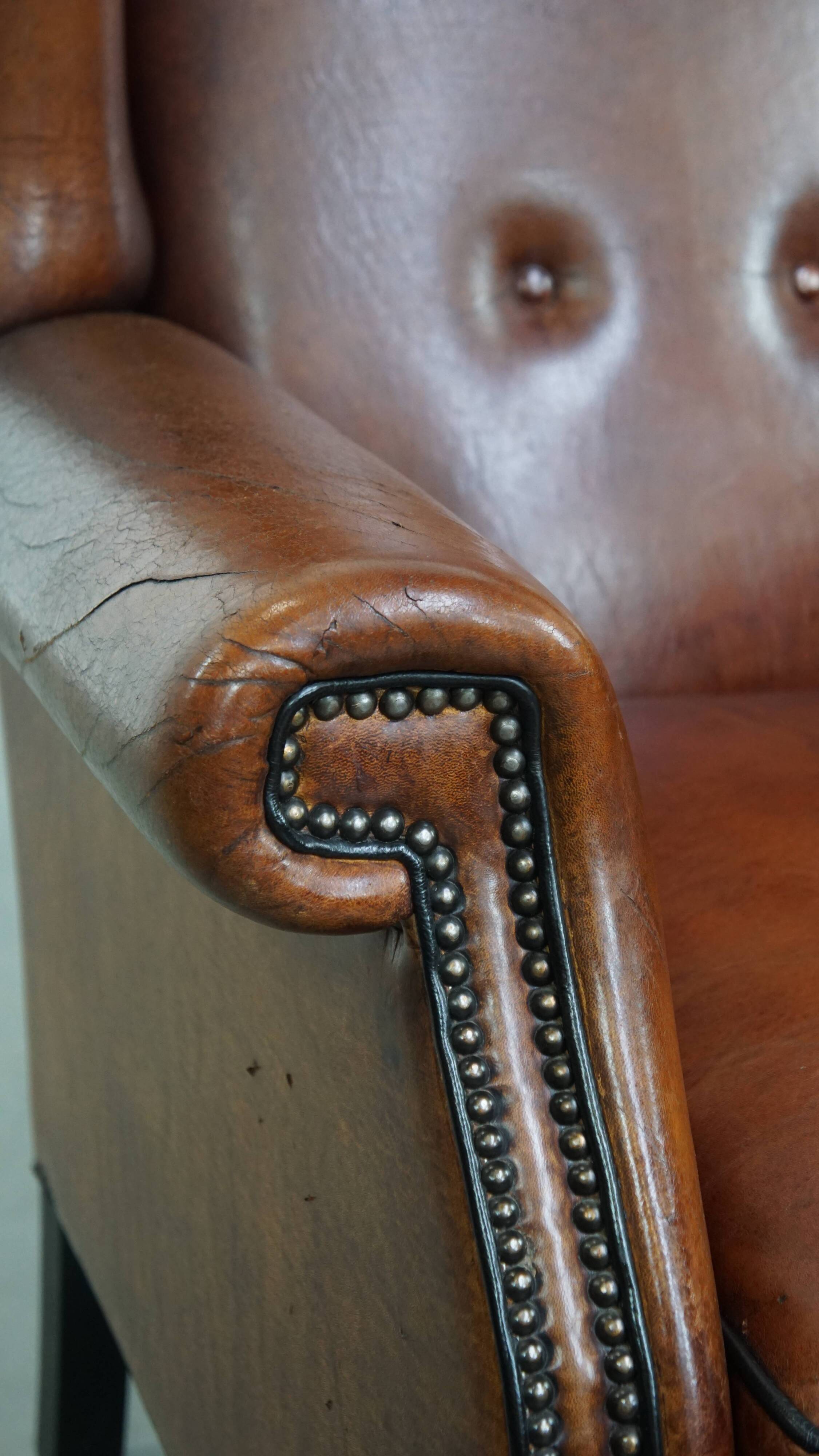 Large Vintage Sheepskin Leather Wingback Chair