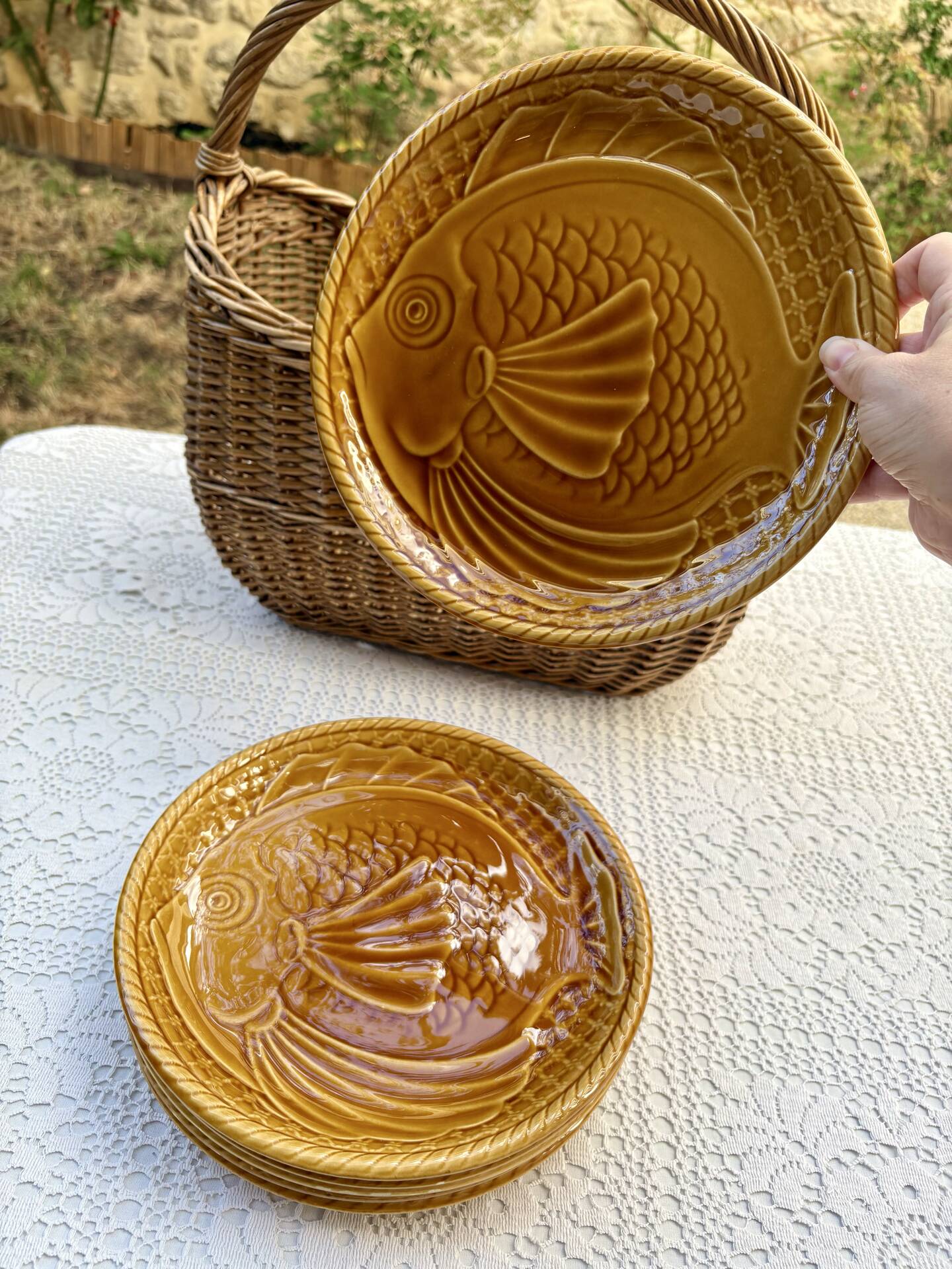 6 large barbotine plates gien fish
