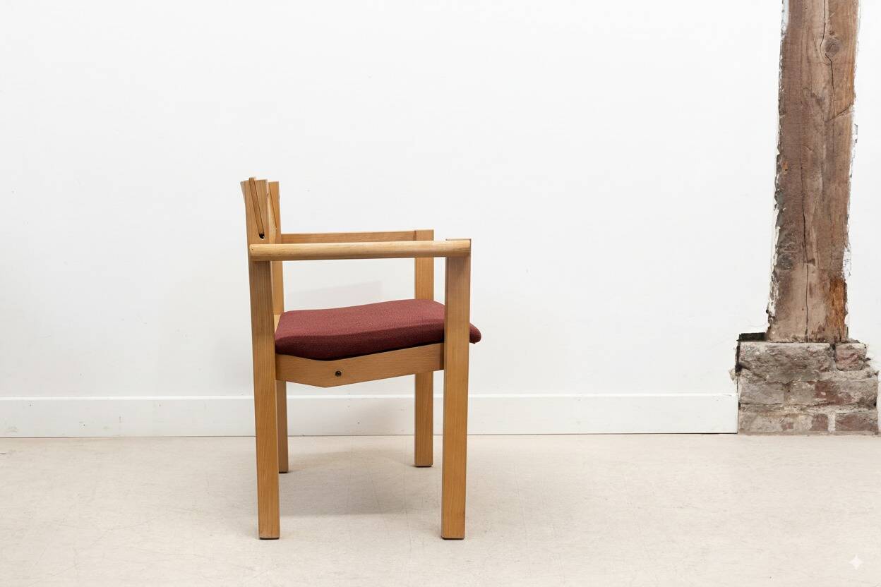 Scandinavian style oak and burgundy chair with armrests