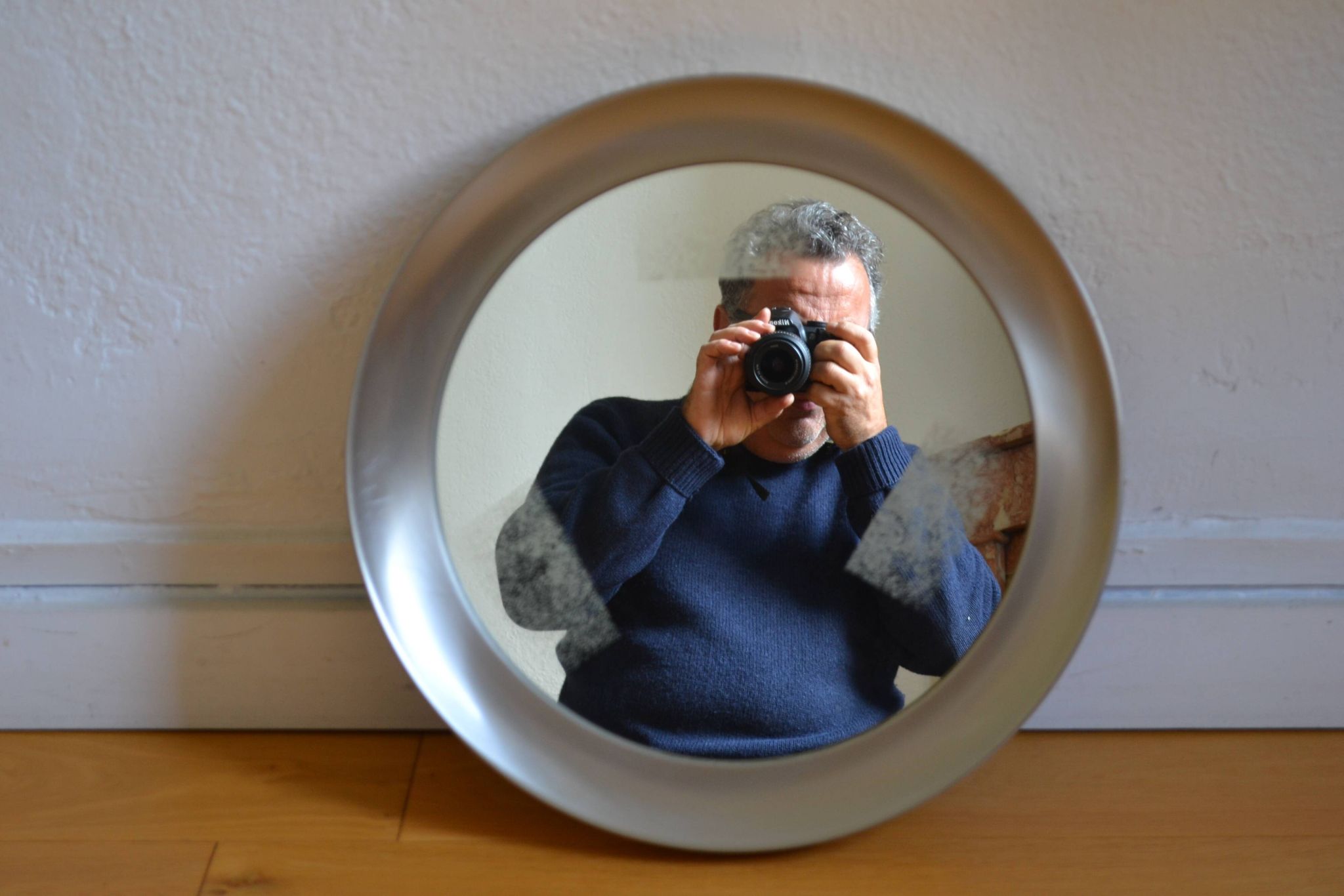 miroir rond 1970 cadre métal inox brossé 43 cm