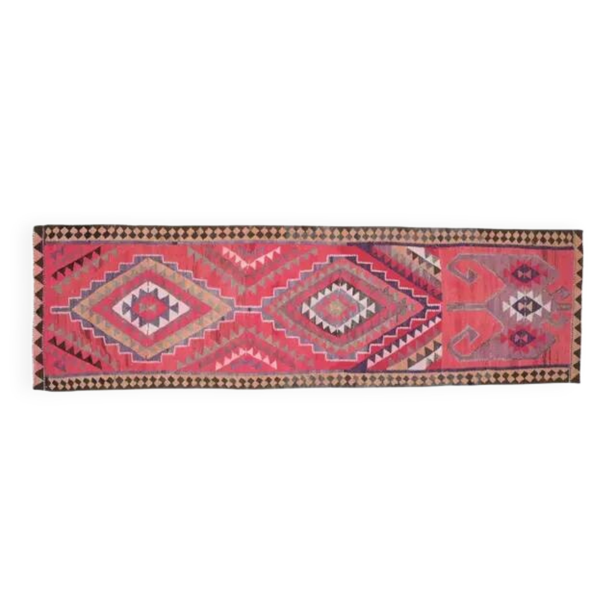 Tapis couloir vintage turc fait main en laine et coton rose des années 1970 104x358