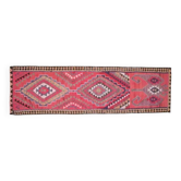 1970s Vintage Turkish Handmade Wool & Cotton Pink Runner Rug 104x358