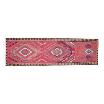 1970s Vintage Turkish Handmade Wool & Cotton Pink Runner Rug 104x358