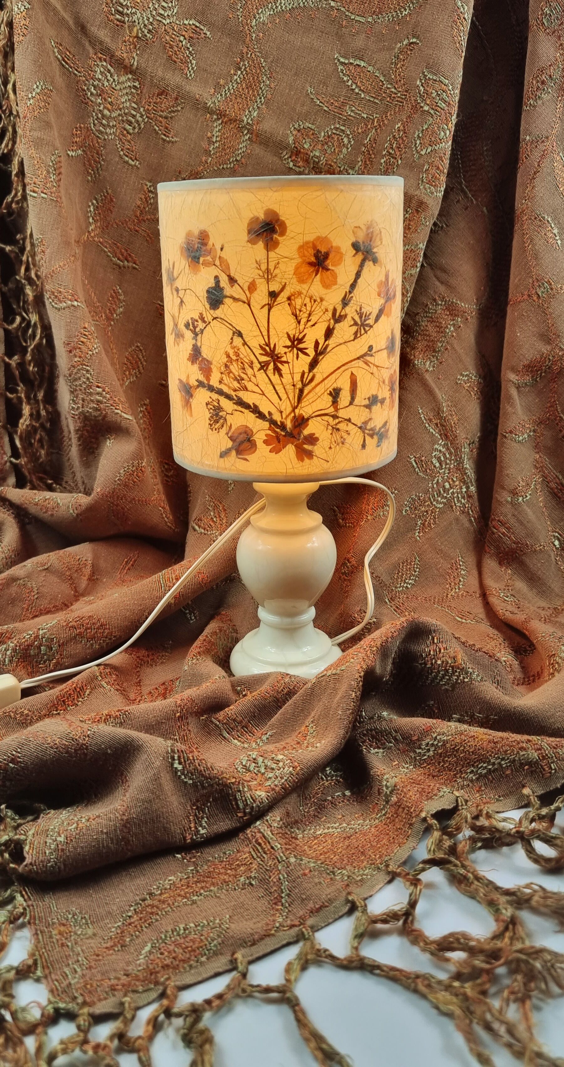 Vintage lamp alabaster foot lampshade vellum dried flowers