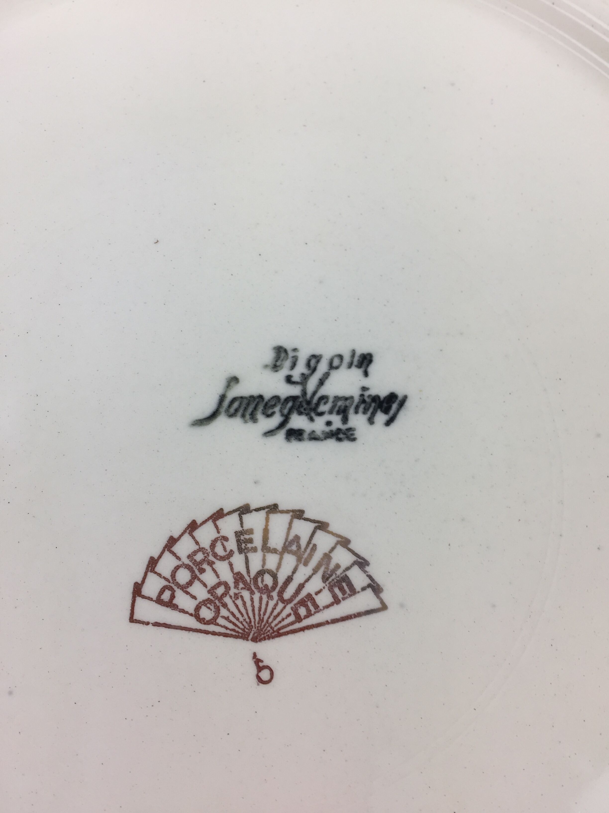 Antique round dish with handles, ivory and gold colored porcelain, made in France Sarreguemines Digoin