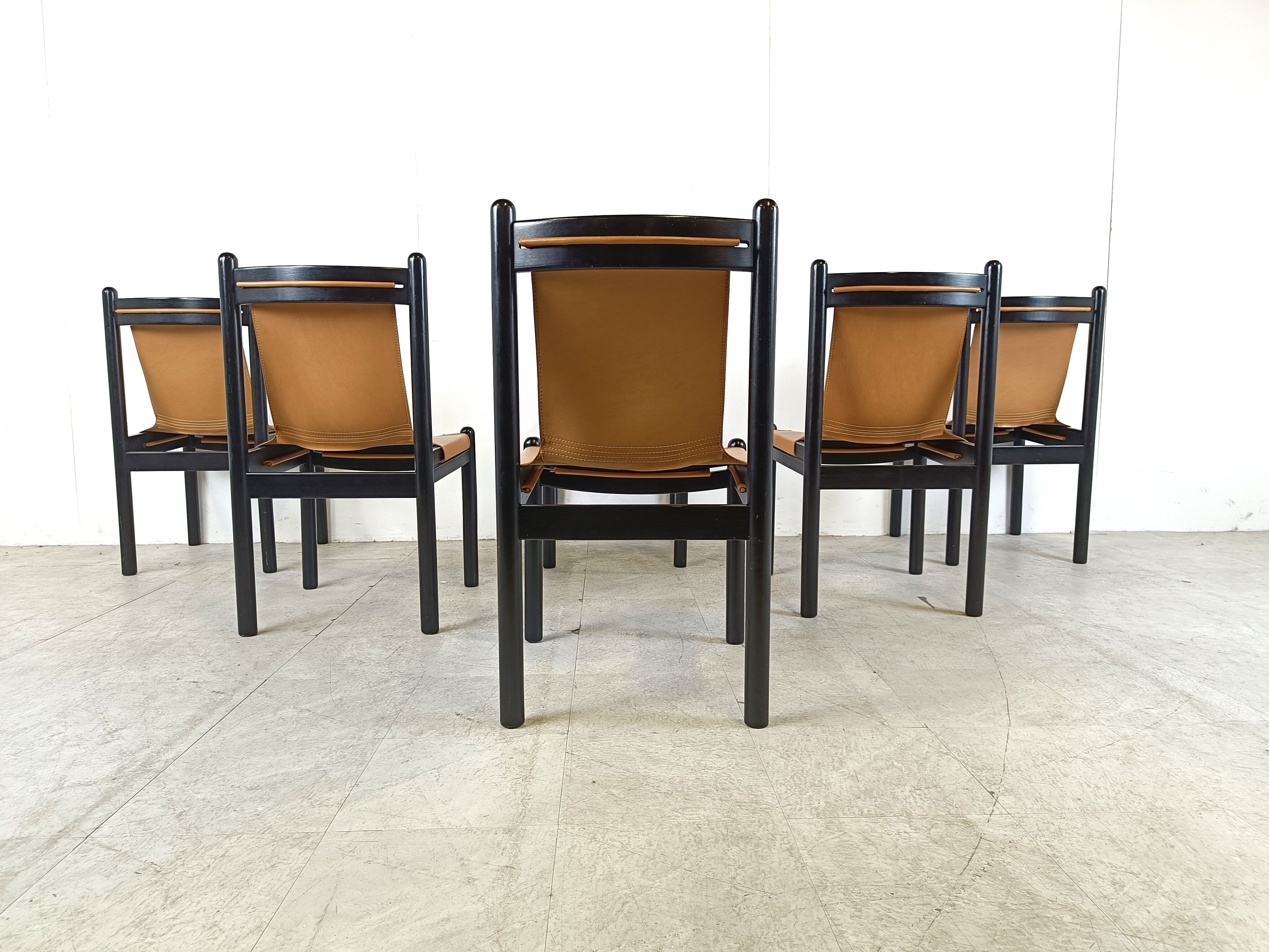 Vintage italian sling leather dining chairs, 1960s
