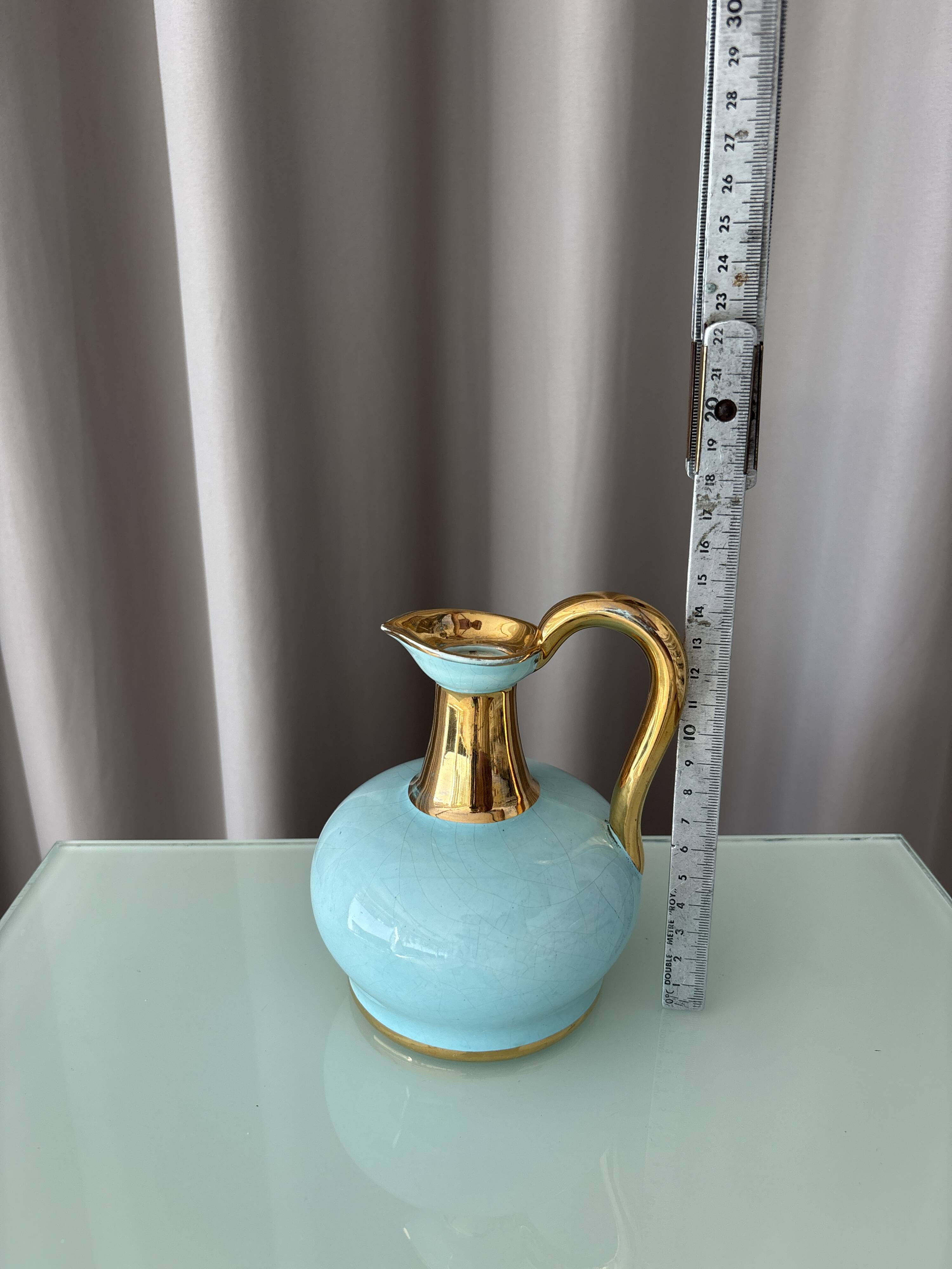 Vintage A. Bayer Belgium Turquoise Crackle Ceramic Jug with Gold