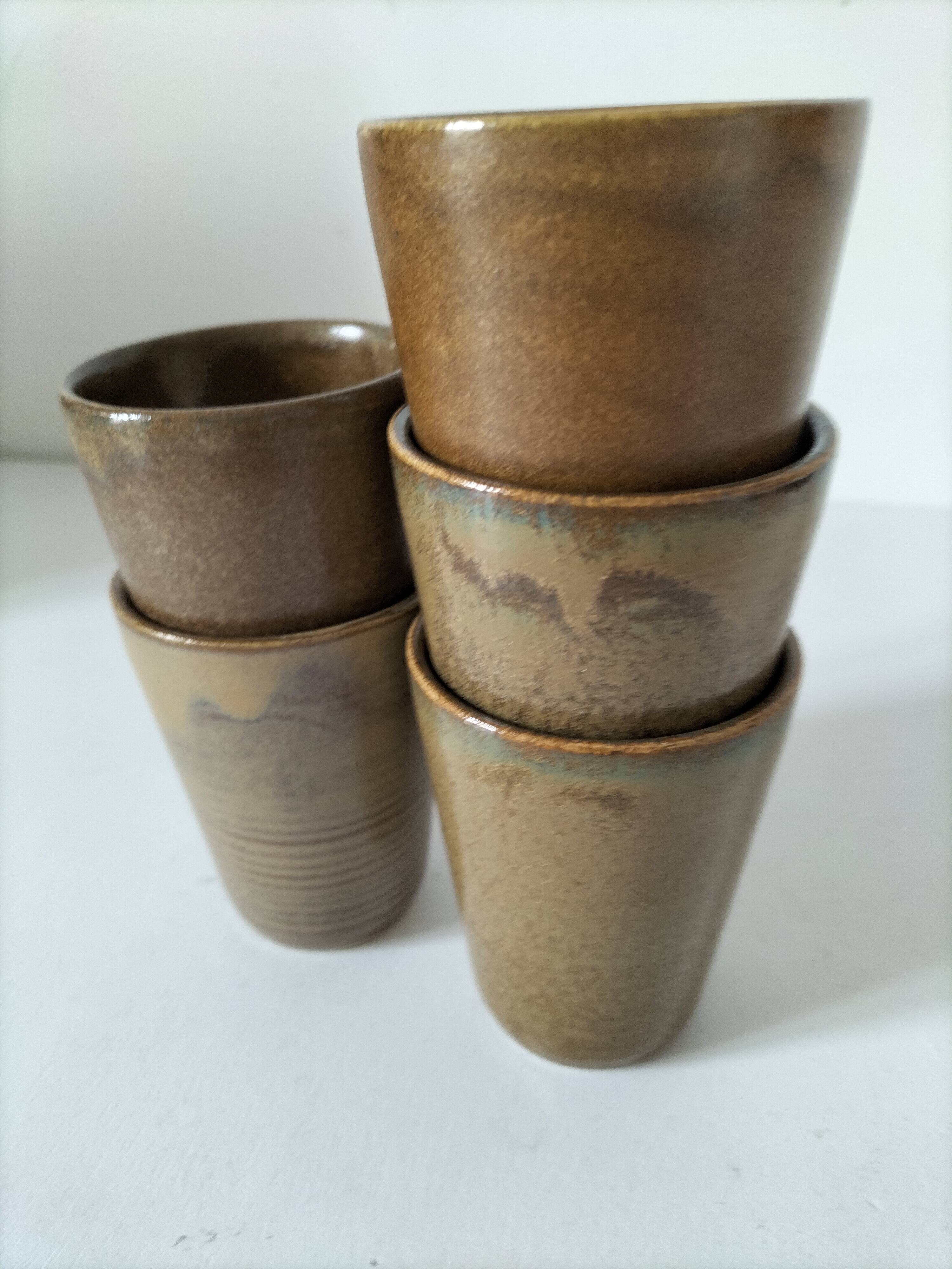 5 speckled stoneware cups from digoin (gp digoin) in brown, 1970s.