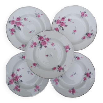 Set of 5 Limoges soup plates with rose pattern