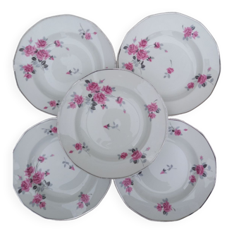 Lot de 5 assiettes creuses Limoges motif roses