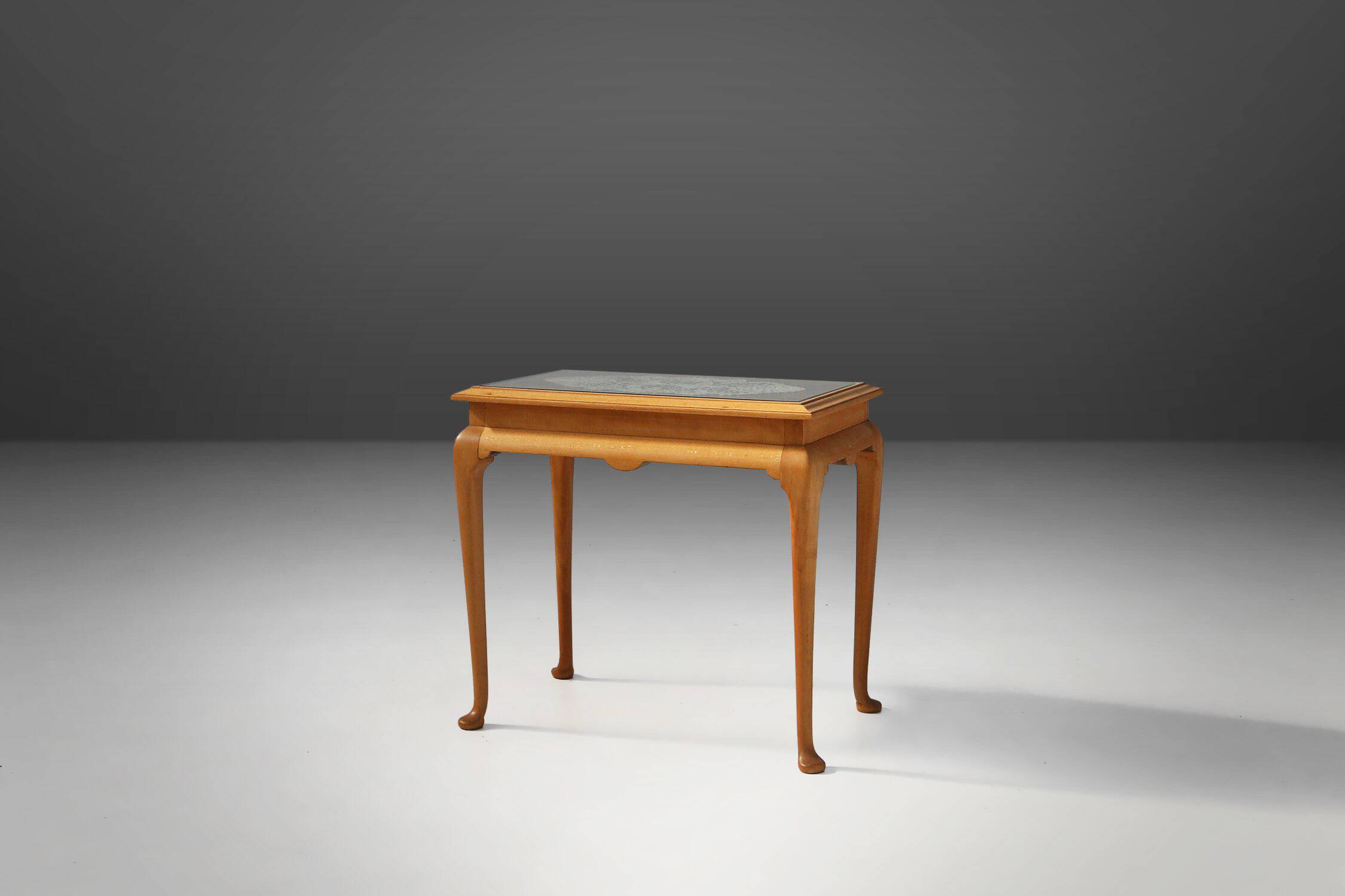 Side Table in Beech with Lace Inlay and Glass Top, France 1950s