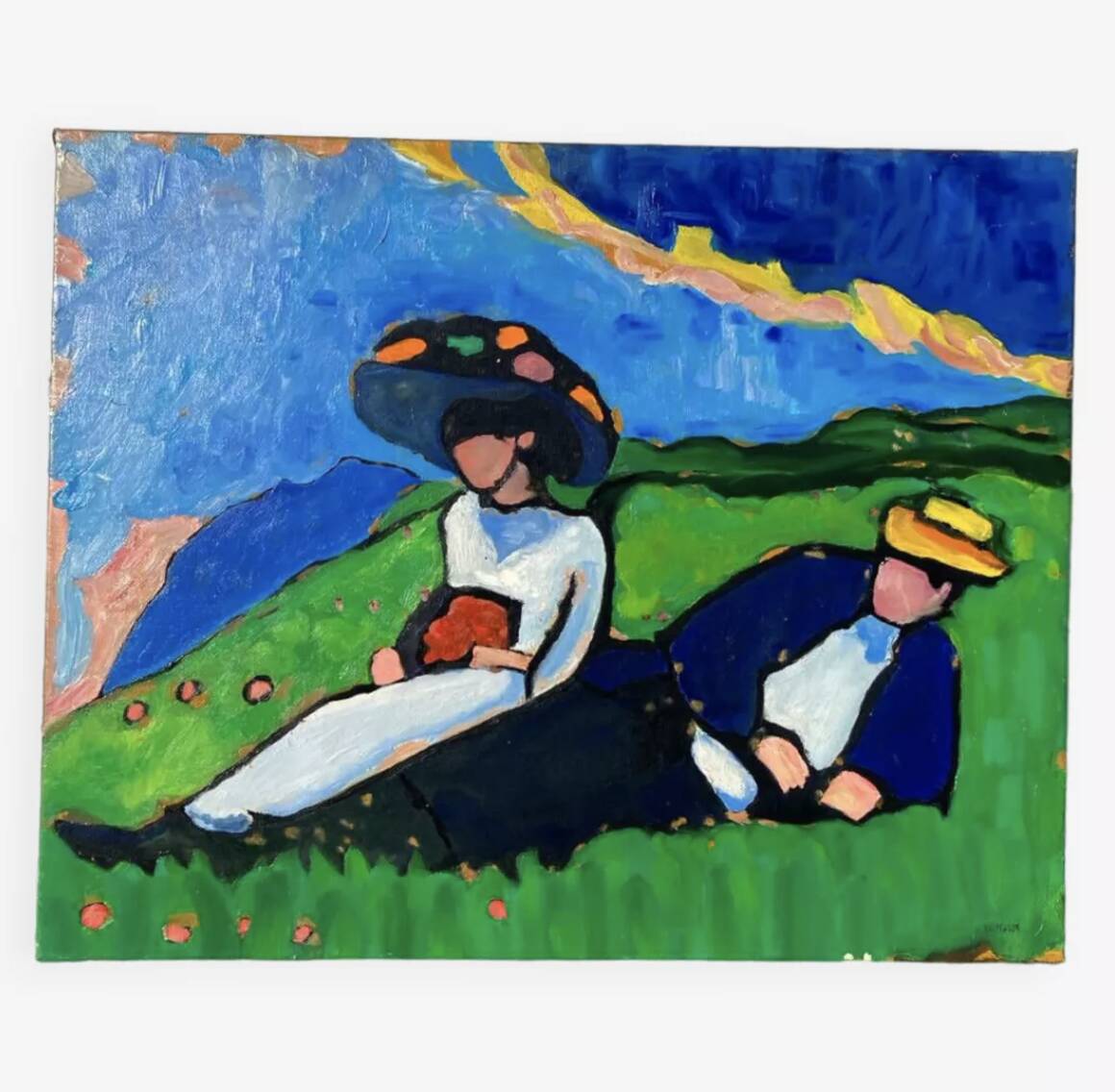 Tableau huile sur toile campagne couple