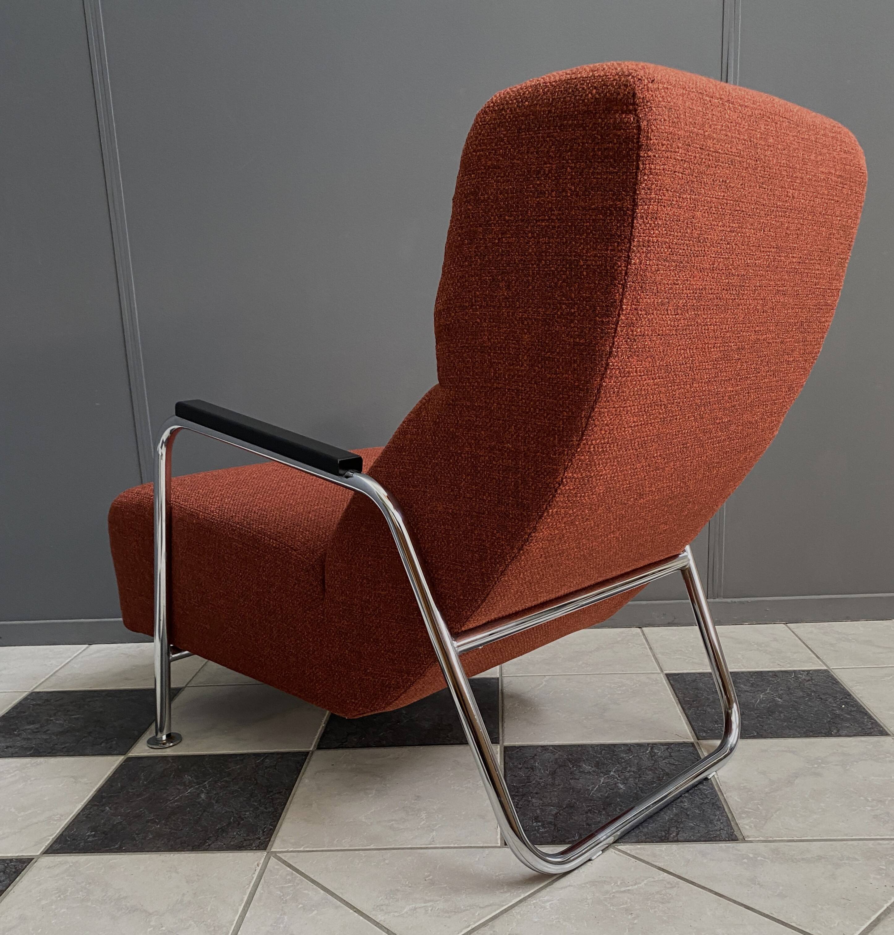 Red Brown fabric relax chair in Chrome frame 1970s