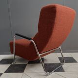 Red Brown fabric relax chair in Chrome frame 1970s