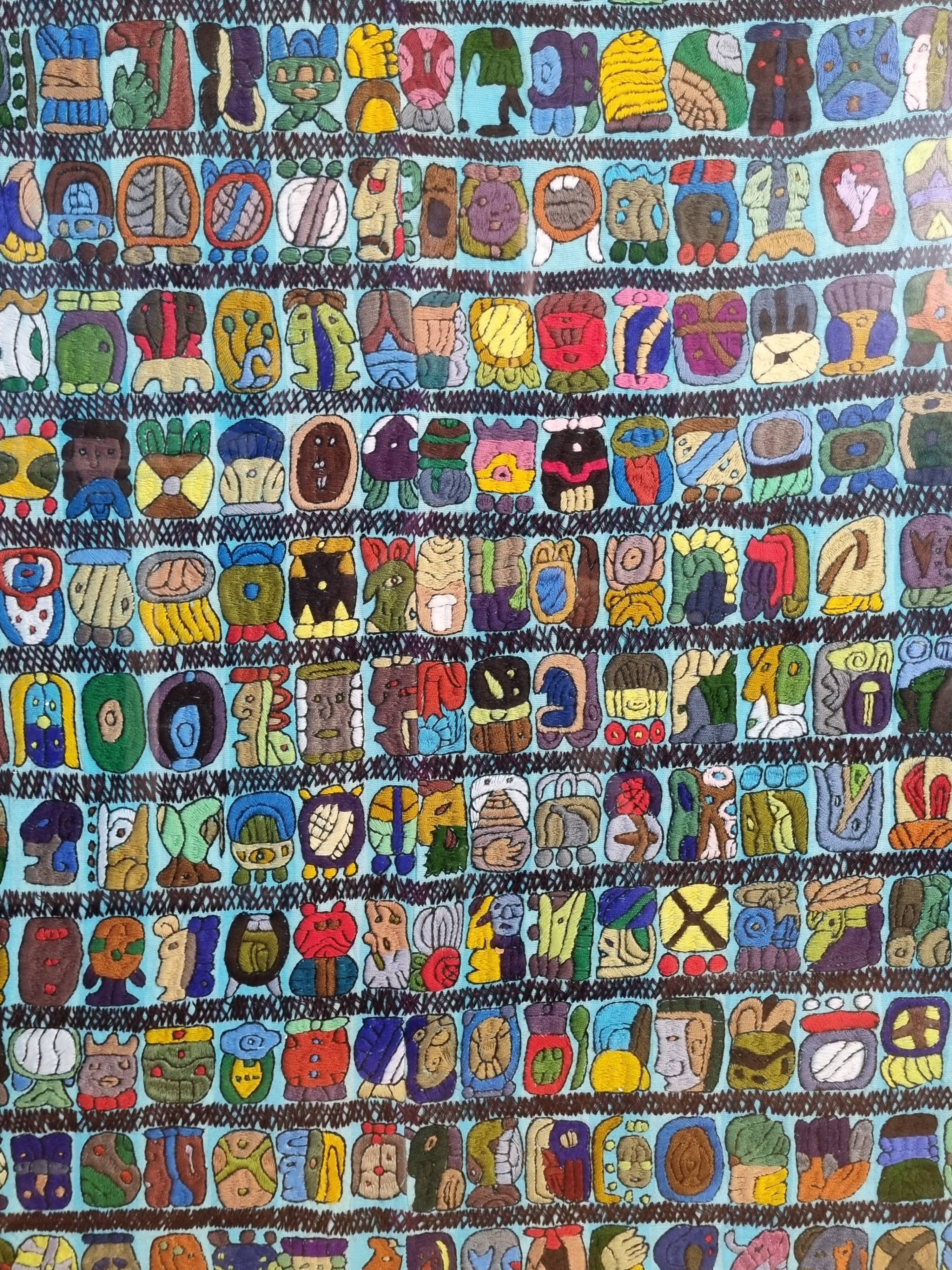 Native American tapestry, embroidered framed, colorful Mayan symbology, 84 cm