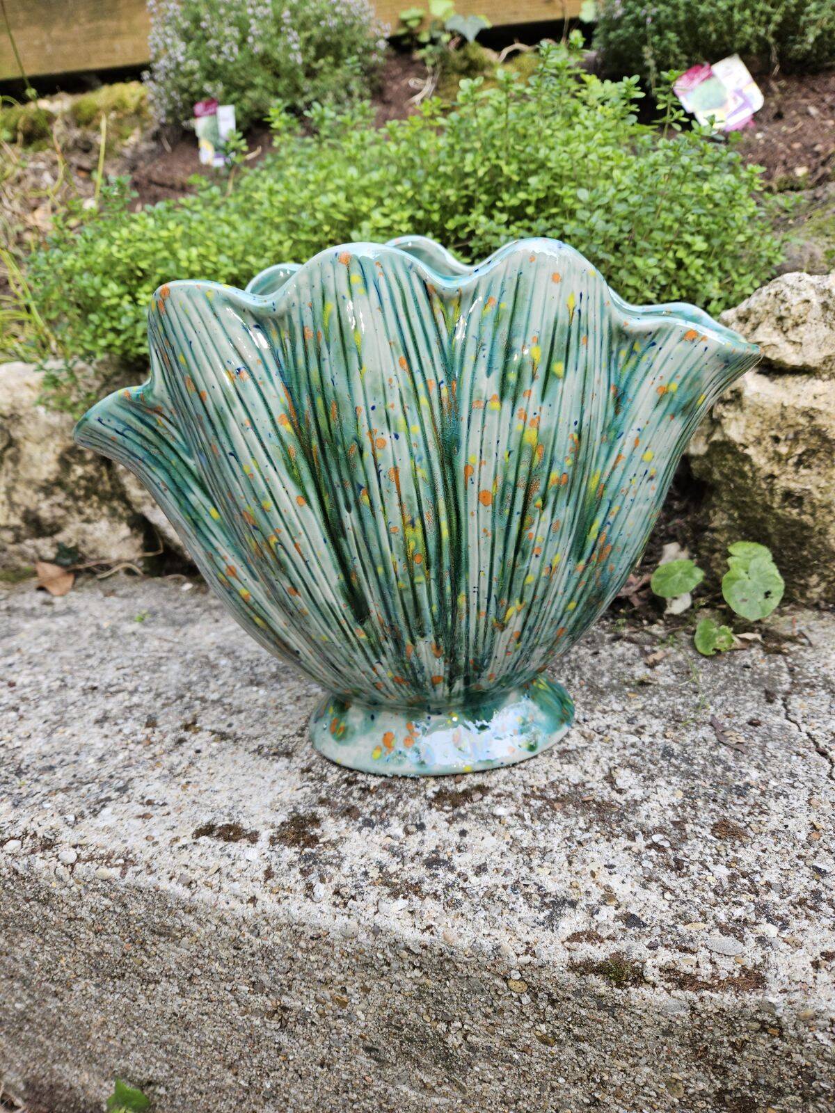 Unique Shell Vase Hand Enameled Green