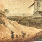 Landscape with mill and herd, watercolor
