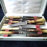 Box of 12 antique cheese or dessert knives in steel and bovine horn