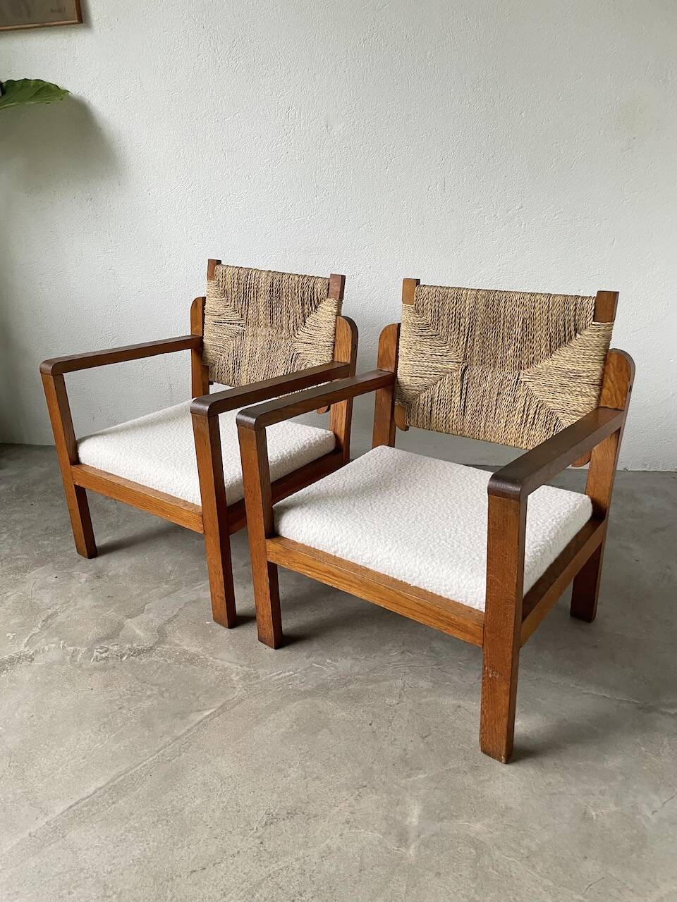 Pair of oak and straw armchairs, reconstruction style