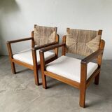 Pair of oak and straw armchairs, reconstruction style