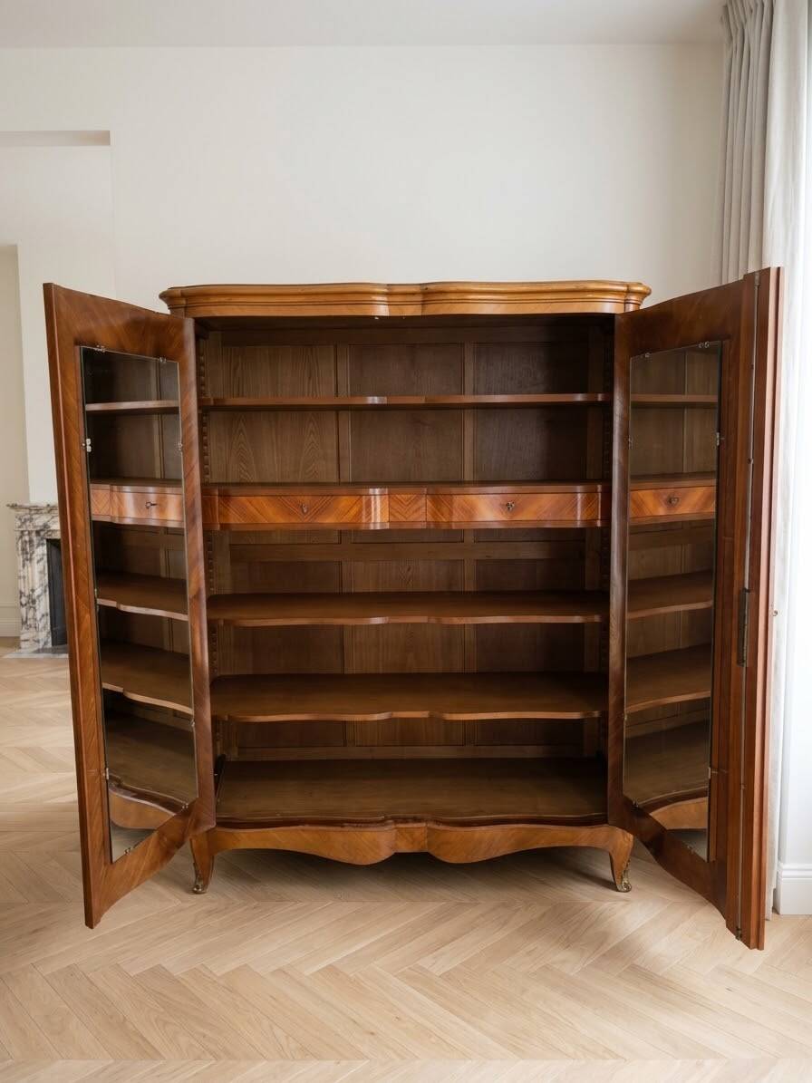 Antique Louis XV style wardrobe with curved wooden doors.