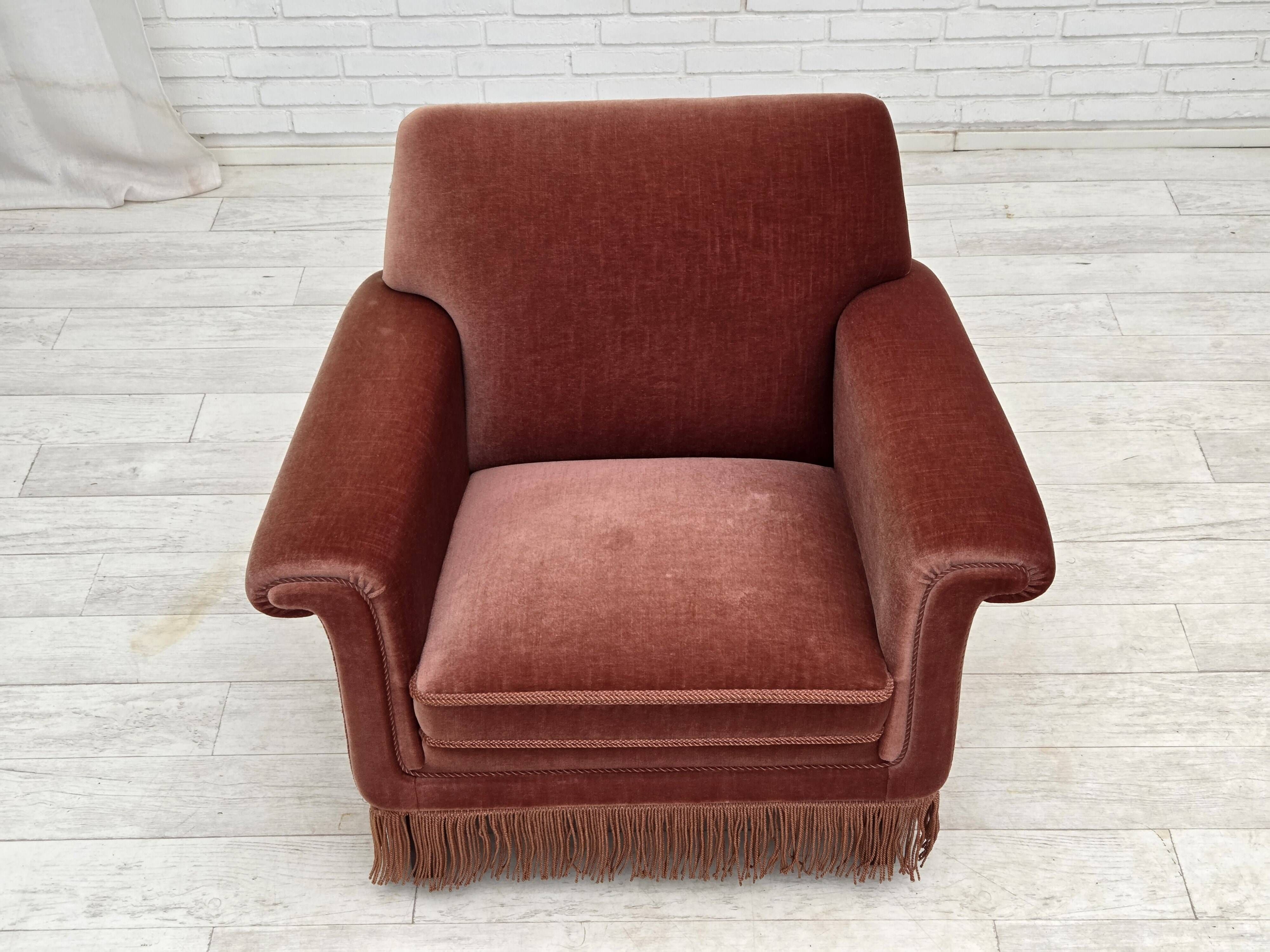 1970s, Danish armchair, salmon pink furniture velour, beech wood.