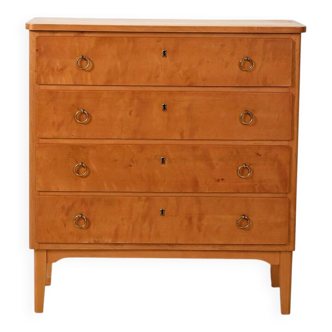 Scandinavian 1950s birch chest of drawers with brass handles