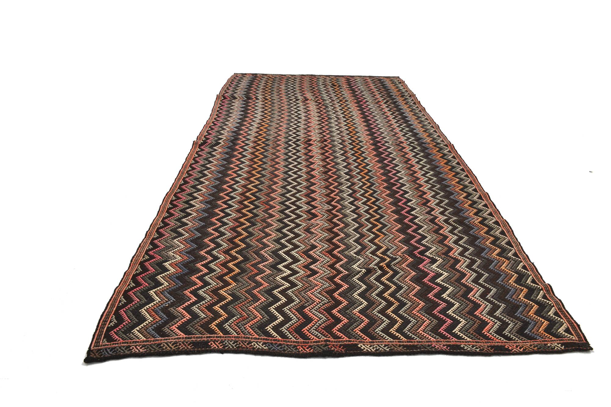 6x14 Pink & Brown Geometric Vintage Kilim Rug, 190x417Cm