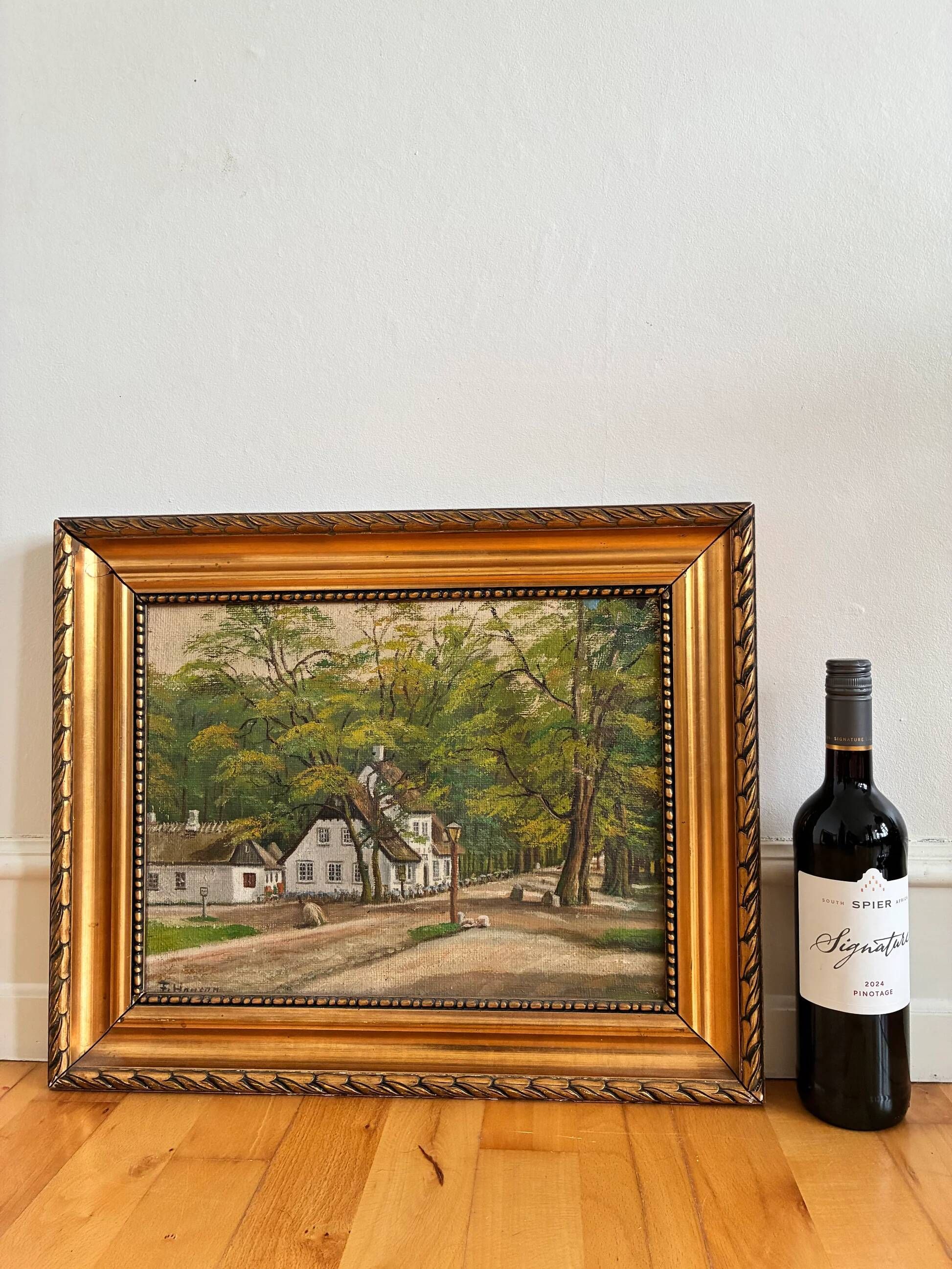Vintage signed cottage landscape oil painting