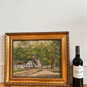 Peinture à l'huile de paysage de cottage vintage signée