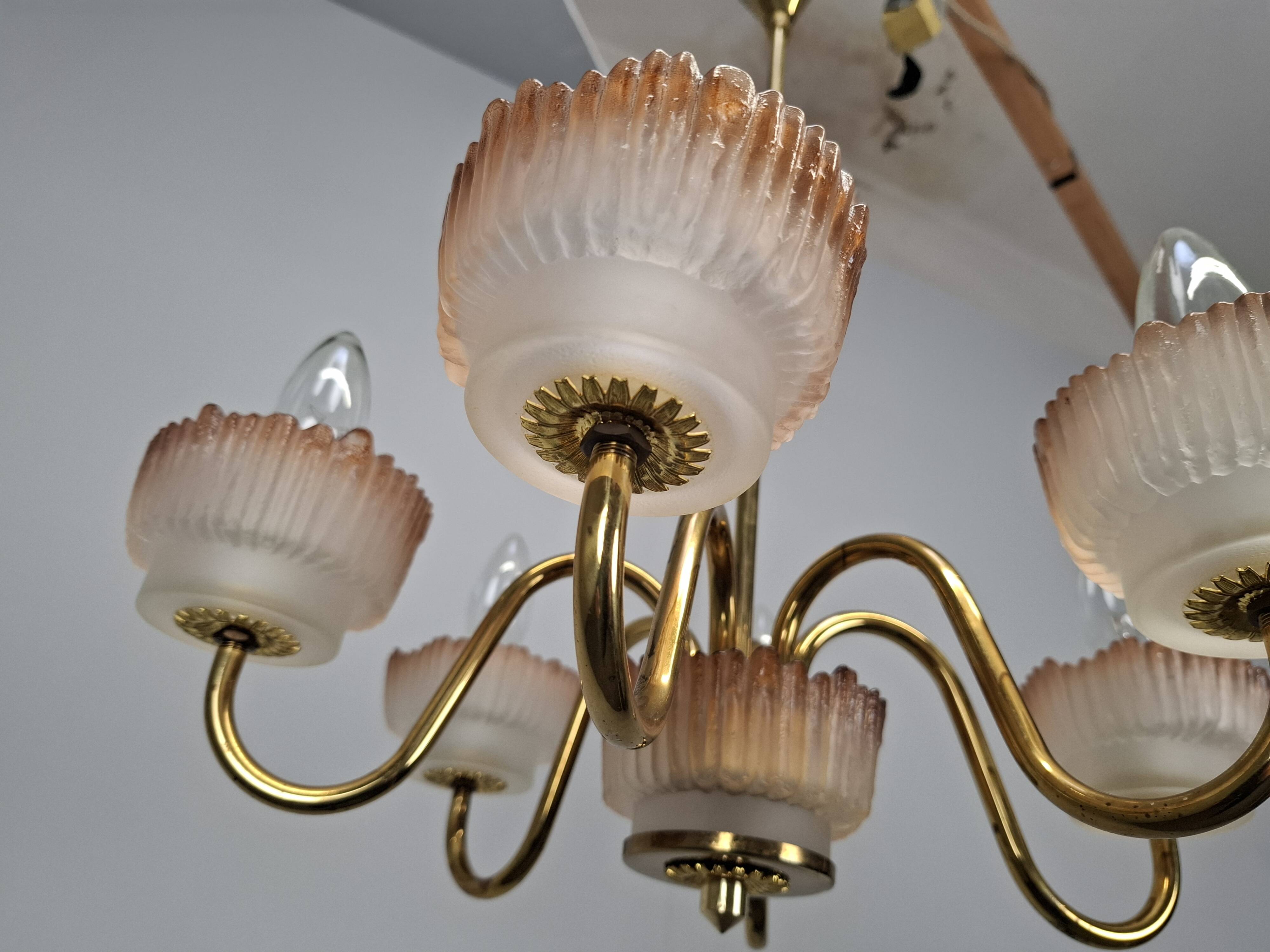 1960s Czech Mid-Century Brass and Železný Brod Frosted Glass Six-Arm Chandelier
