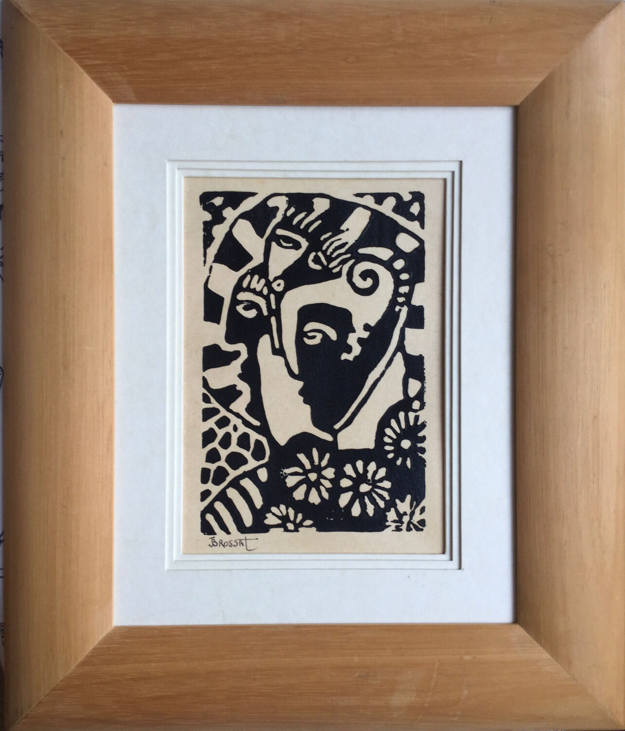 Jean-henri brossat (1946). the 3 faces. linocut.
