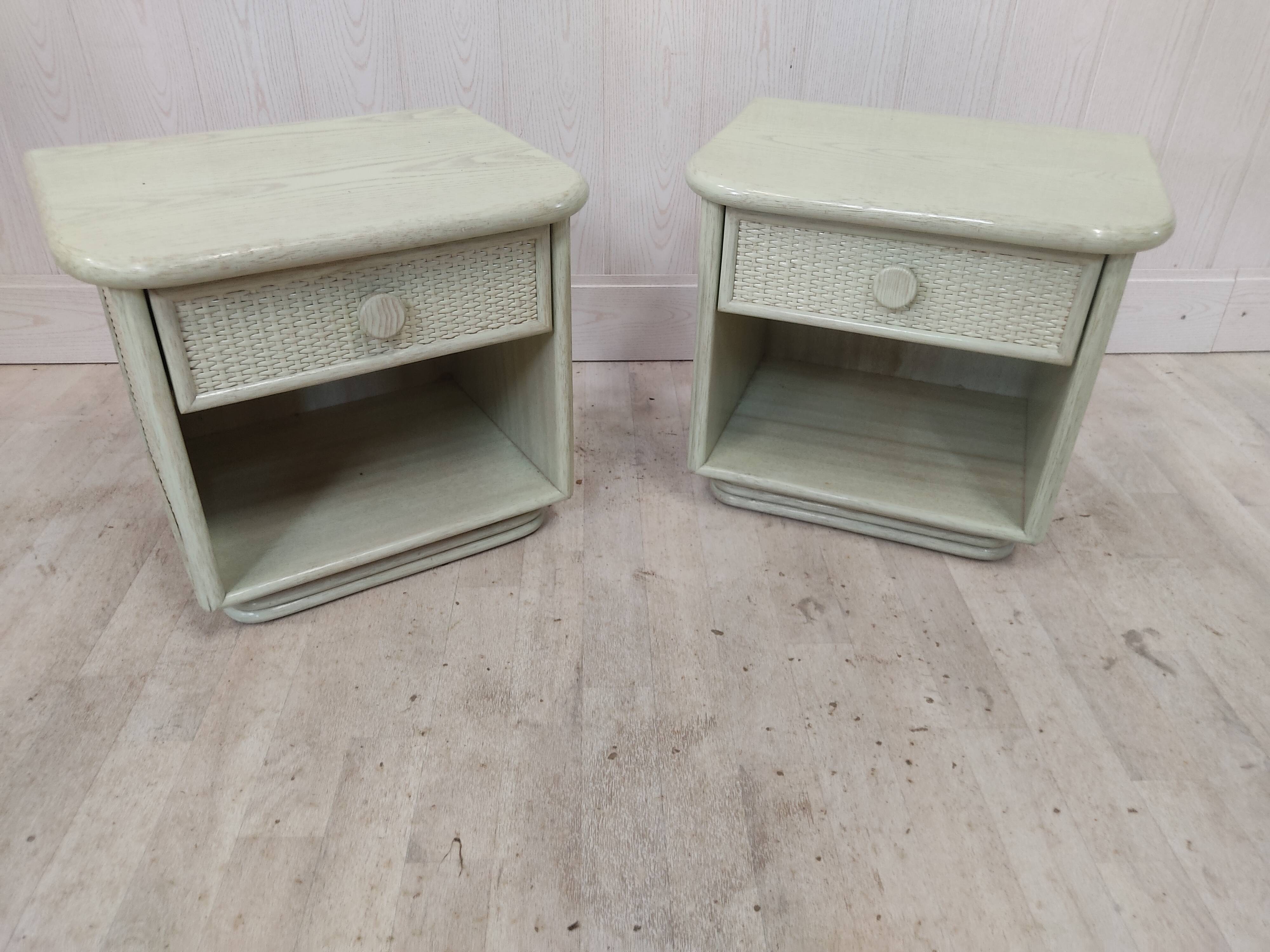 Pair of wooden and wicker bedside tables
