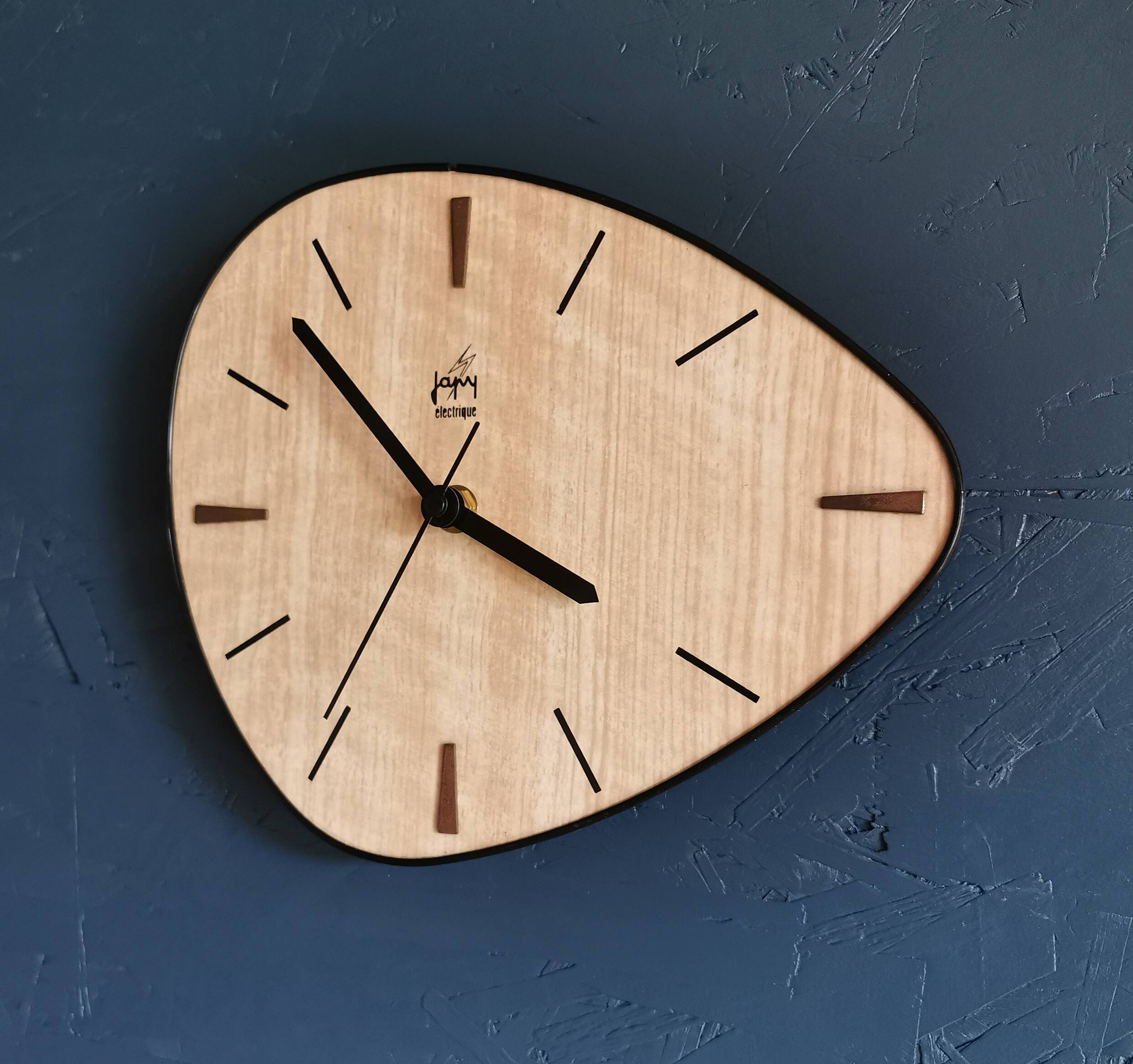 Vintage formica clock silent asymmetrical wall pendulum "Japy wood"