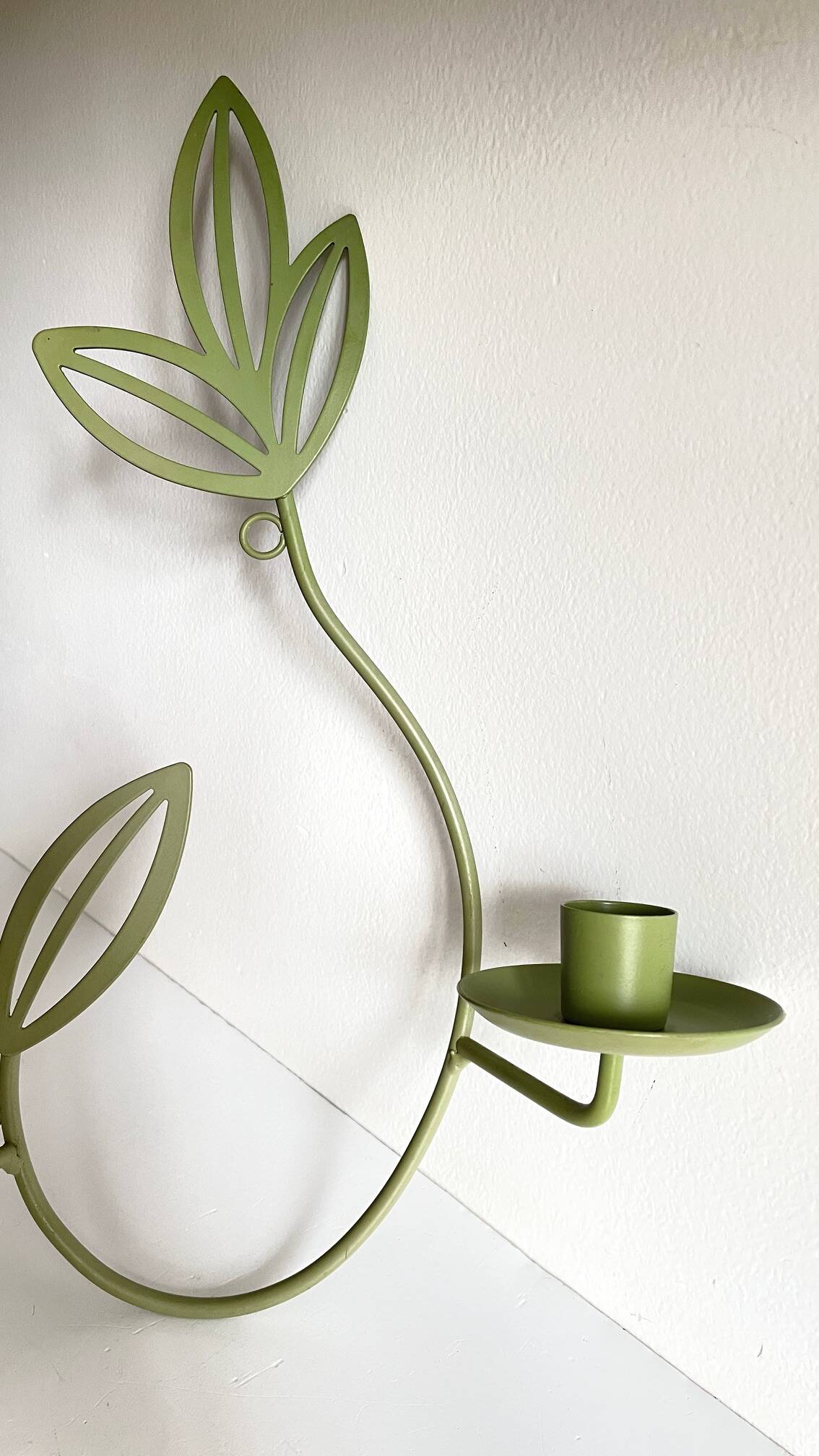 Wall Candle Holder, Green Metal Leaves