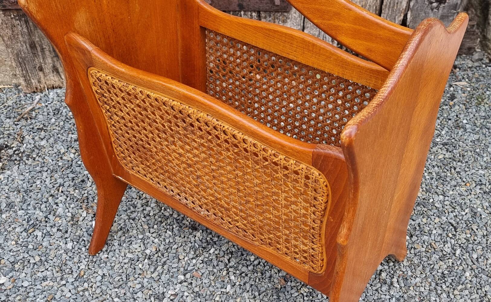 Magazine rack, wood and canework, vintage, 70s - 80s