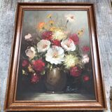 Oil Painting On Canvas FREDERICK Still Life Flowers + Wood Frame #A770