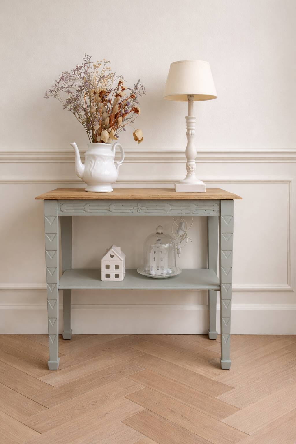 Side table, Art Deco reimagined in grey-green.