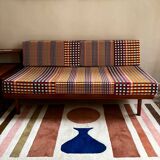 Peter Hvidt Knoll wooden banquette sofa with new cushions.