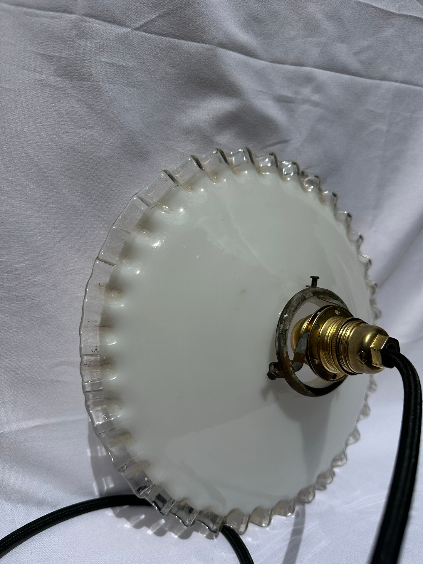 White opaline wavy suspension brass claw vintage lampshade