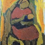 Peinture à l’huile figurative vintage non encadrée moderne du milieu du siècle « Affection »