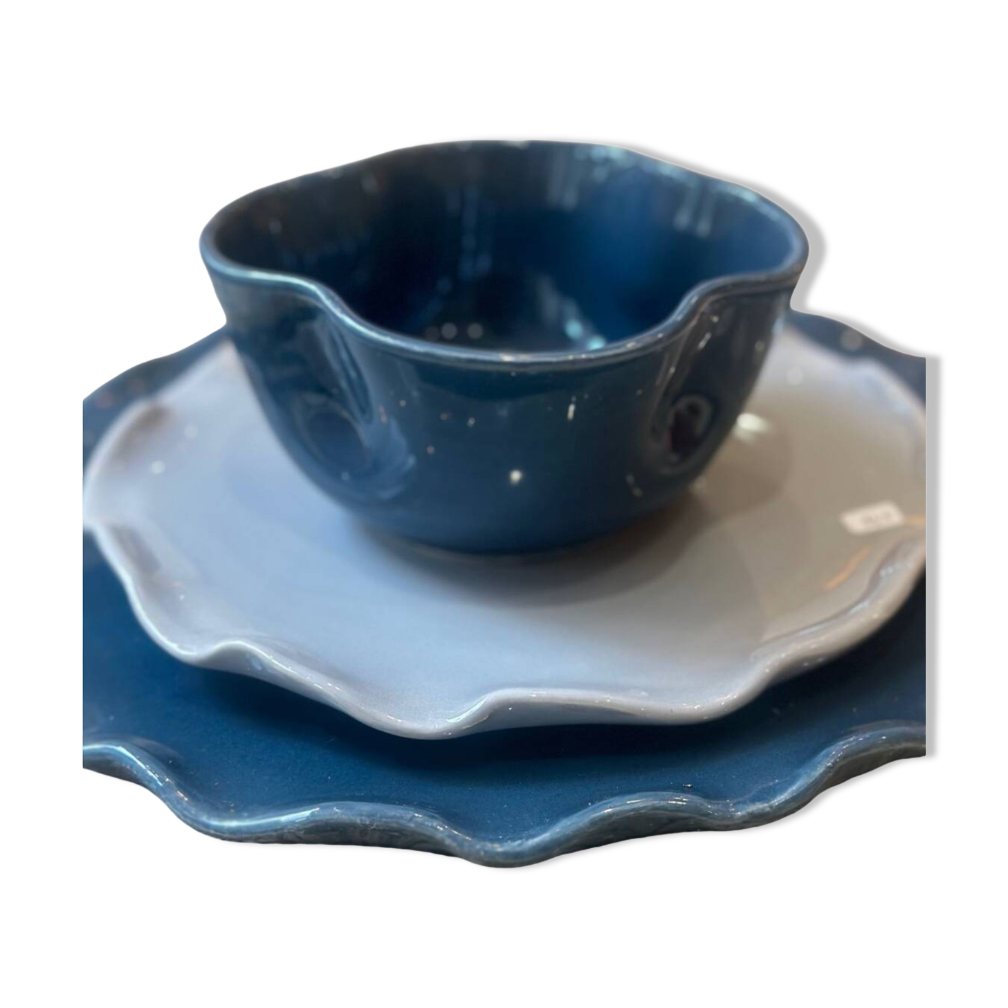 Handmade enameled ceramic bowl, pop clover flower, petrol blue