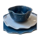 Handmade enameled ceramic bowl, pop clover flower, petrol blue