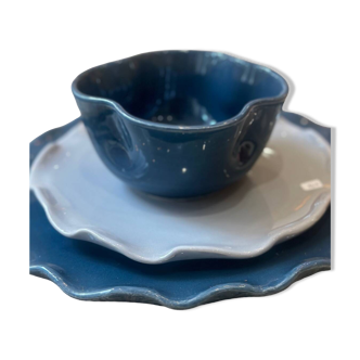 Handmade enameled ceramic bowl, pop clover flower, petrol blue