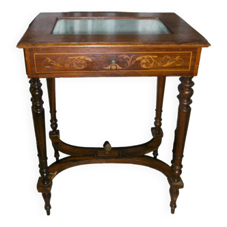 Napoleon iii walnut showcase table with marquetry and beveled glass