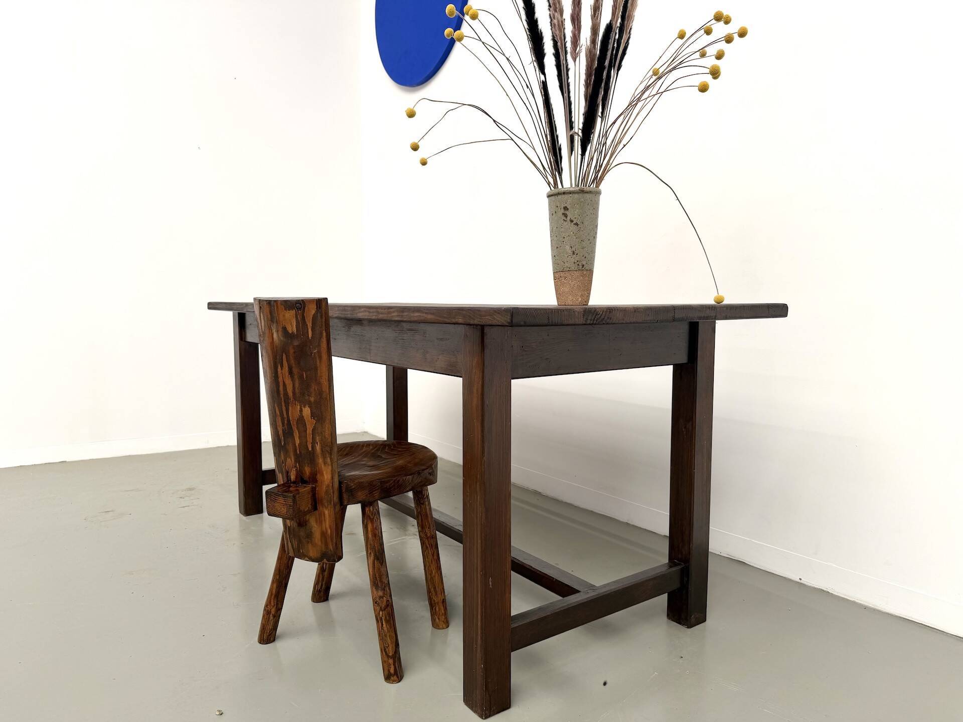 Solid pine work table, grooved top, satin brown finish, year