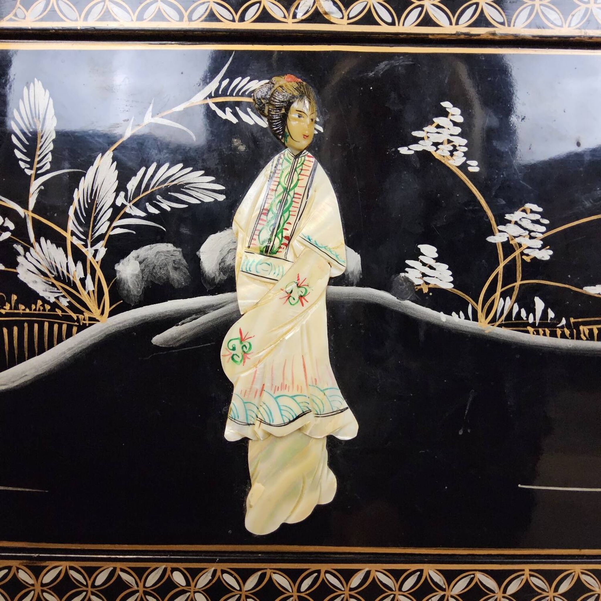 Vintage Chinese lacquer secretary desk with mother-of-pearl