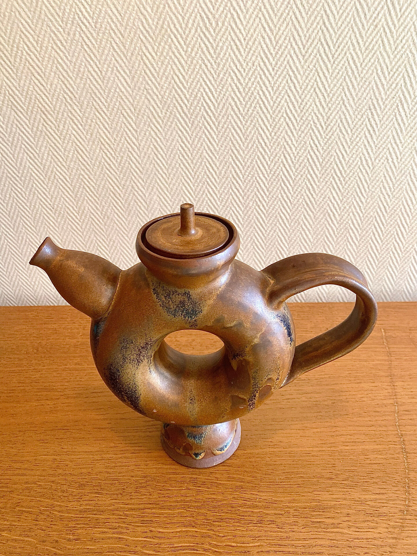Glazed stoneware sculptural teapot signed